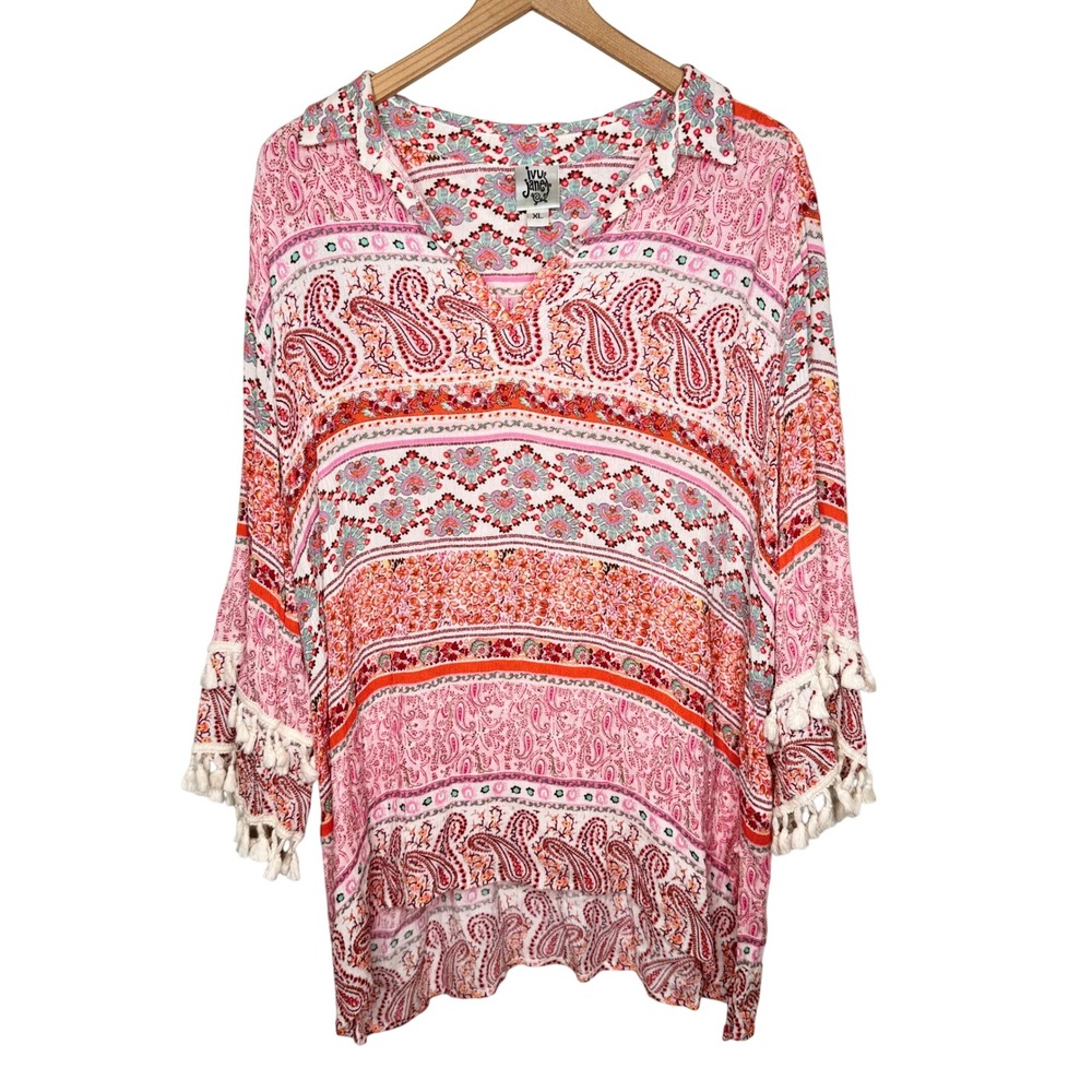 Ivy Jane Paisley Tunic Top Womens XL Pink Tassel Boho Oversized Lightweight